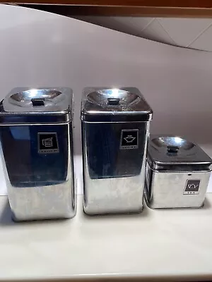 Set Of 3 Canisters Chrome  Flour Sugar  Tea W/lids Vtg MCM • $15
