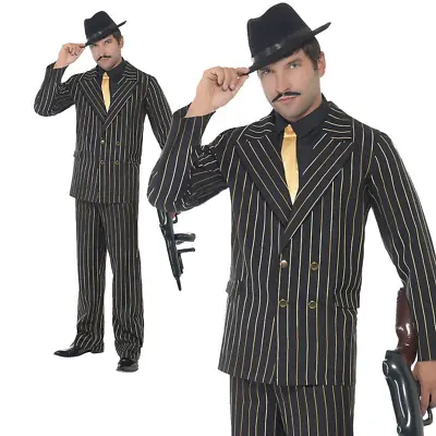 Adult Gangster Mafia Costume Black Gold Pinstripe Mens 20's Fancy Dress • $68.67