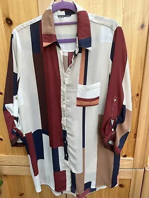 Wallis Long Shirt Blouse Top Cream Brown Maroon Size M • £7.95