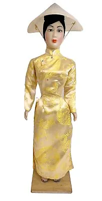 Vintage 16” Vietnamese Doll Plastic Body With Yellow Dress & Rice Hat On Stand • $22.49
