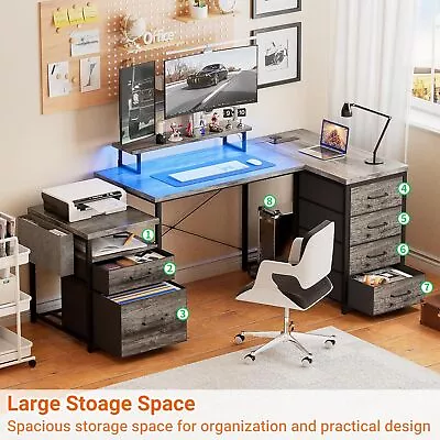 L Shaped Computer Desk Fabric File Drawers Office Corner Desk LED & Power Outlet • $179.99