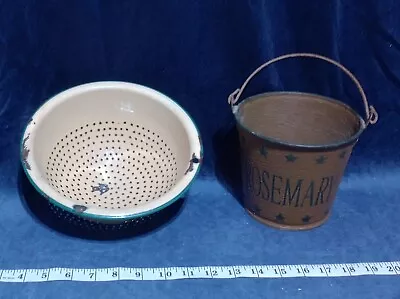 Vintage Enamel Strainer + Rosemary Metal Bucket Farmhouse Decor • $19.95