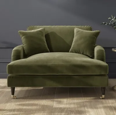 Velvet 2 Seater Loveseat Sofa Couch In Green With Cushions • £579.95
