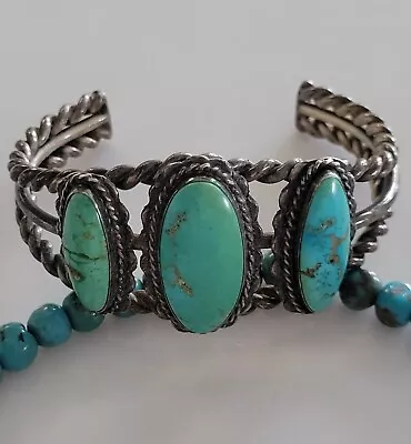 Old Pawn Vintage STERLING NAVAJO Handmade Braided HARVEY Era Turquoise Bracelet • $29