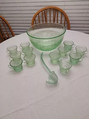 Vintage Tiara Indiana Sandwich Glass Chantilly Green Punch Bowl Cups Ladel • $164.99