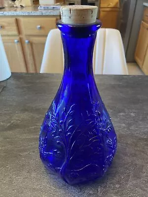 Vintage Italian Cobalt Blue Glass Bottle With Cork Stopper Grapes And Leaves #BB • $32
