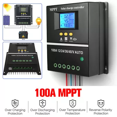 100A MPPT Solar Charge Controller 12V-48V DC 2 USB Solar Panel Charge Regulator • £38.49