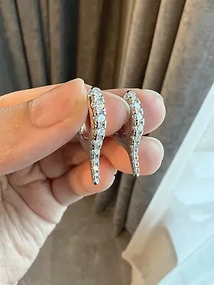 Silver CZ Dagger Huggie Hoops Diamond Huggie Earrings Silver Pave Earrings • $24