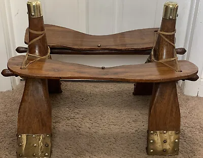 Vintage Egyptian Camel Saddle Seat Stool Solid Wood Brass Accents No Cushion • $129.99