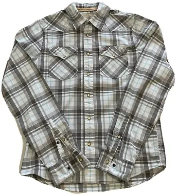 Holister Mens Long Sleeve Plaid Cowboy Shirt Size L Grey/White Pearl Snaps • £17.99