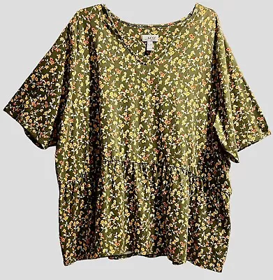 D & Co Top Size 3X Olive Green Peach Floral Knit Flounce Hem V-Neck Tunic NWOT • £18.32