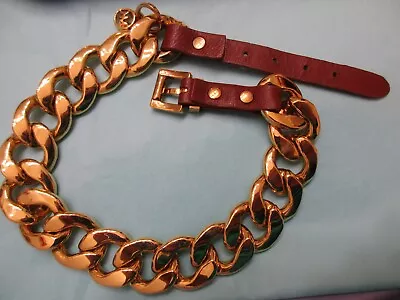MICHAEL KORS Signed Chunky Gold Chain Link Buckle Choker Necklace Brown Leather • $35