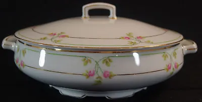 M&Z Austria ALT74 Pink Rose & Gold Round Covered Vegetable Circa 1884 - 1909 • $80