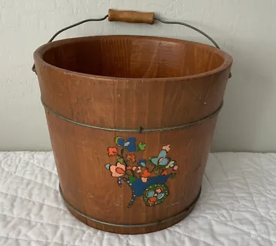 Primitive Country Vintage Wood Bucket Flower In Cart Motif Metal Handle • $35