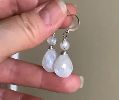 Sterling Silver Natural Rainbow Moonstone Briolette Dangle Drop Earrings • $62.99