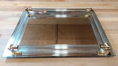 Vntg Mirror Vanity Dresser Tray Glass Rod Rails W/ Brass Corners 11  X 8“ Footed • $17.99