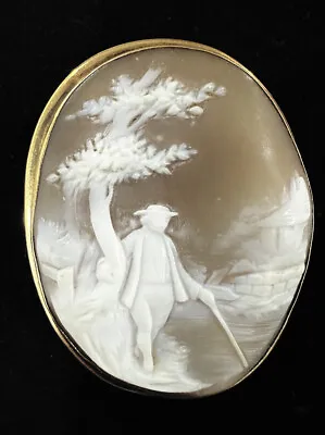 14kt. Yellow Gold Cameo Man W/h Walking Stick & Trees Brooch & Pendant Vintage • $270