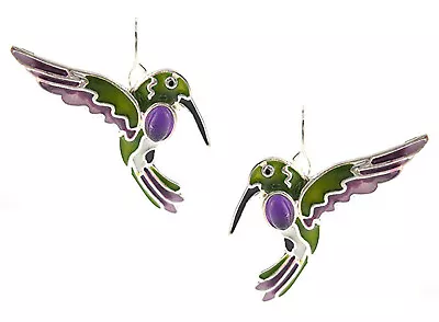 Zarah Linda Bolhuis Green & Purple Hummingbird Enamel Dangle Earrings • $36.95