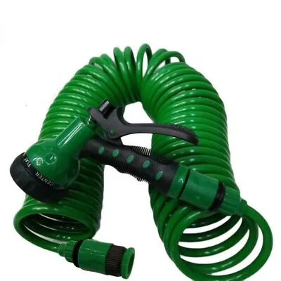 Coiled Hose With Fittings Feet Retractable Pipe Garden Water Spray Nozzle Patio • £11.99