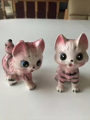 Set Of 2 Vintage Pink Striped Cats Mid Century • $55.18