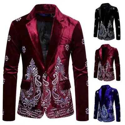 Mens Silver Embroidery Floral Formal Dress Suit Blazer Jacket Slim Coats • $59.84
