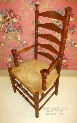 $200 • Buy Antiqued Tavern Pine Ladderback Arm Chair Button Top Arms Ethan Allen Style 