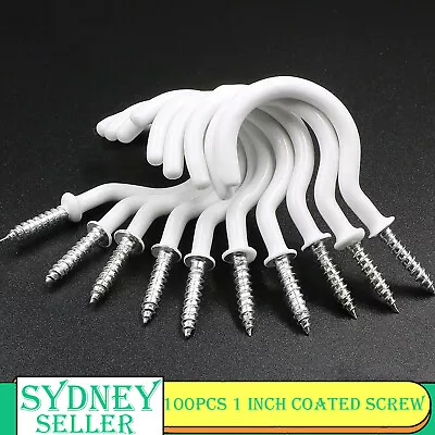 100PCS 38MM PVC COATED Metal Screw In Cup Hooks White Hanging Hat Plant Hanger • $15.99