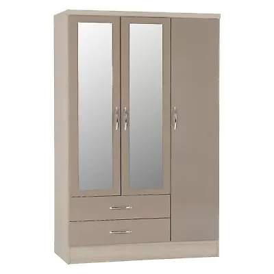 Nevada Oyster Gloss & Oak 3 Door 2 Drawer Mirrored Wardrobe Bedroom Storage • £299.99