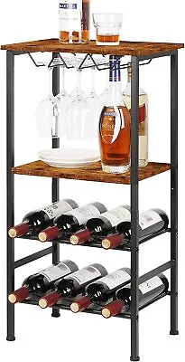 Industrial Freestanding Floor Wine Rack Table W/ Glass Holder&Display Rack Brown • $36.99