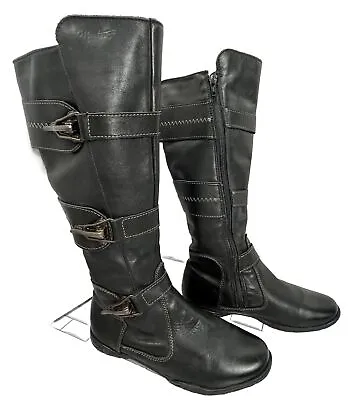 Martino Boots Military Style Adjustable Knee High Leather Side Zip Sz 6.5 Black • $43.99