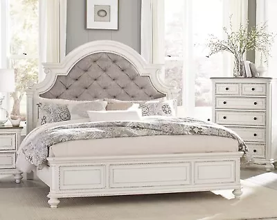 Antique White Finish King Size Bed 1pc Button-Tufted HB Wooden Furniture • $1249