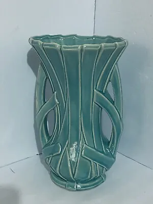 Vintage 1940’s McCoy Art Deco Turquoise Strap & Ribbon Vase 12” • $175