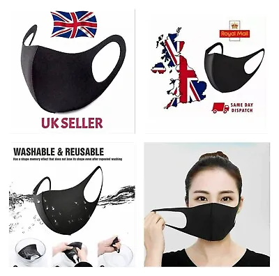 Face Mask Virus Dust Protective Covering Washable Reusable BLACK Adult Unisex UK • £2.99