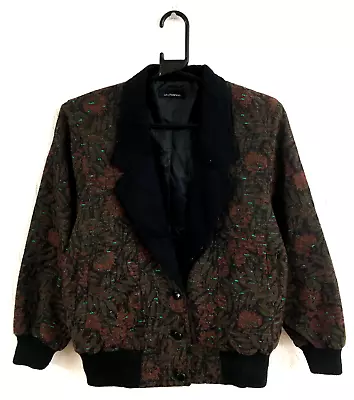 Vintage 90s Brown & Green Crazy Floral Patterned Collared Bomber Jacket Size 16 • £20