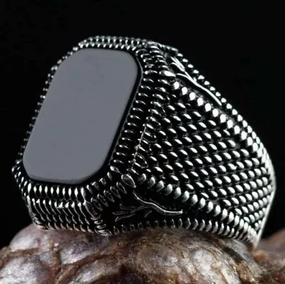 Turkish Fashion Men Vintage Ring Natural Agate Black Stone 925 Sterling Silver • $13.99