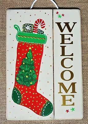 Primitive WELCOME Christmas Tree STOCKING SIGN Wall Door Plaque Holiday Decor • $13