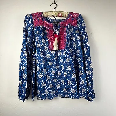 J. Crew Top Womens Large Blue Pink Floral Boho Embroidered Cotton  Blouse New • $47.09