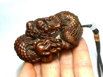 7 CM Old Japanese Boxwood Hand Carved Dragon Statue Netsuke Desk Decoration Gift • £21.59