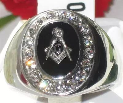 £21.99 • Buy Mens Masonic Ring Signet Military Onyx Stainless Steel Cz Silver Black New X023
