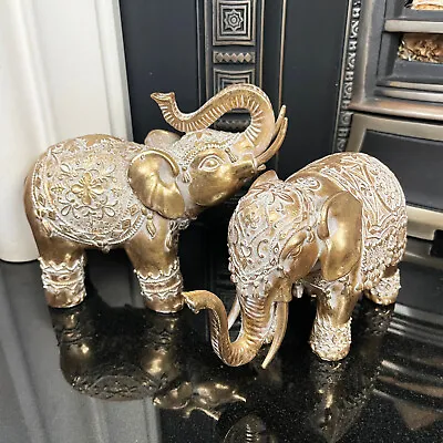 £32.99 • Buy Indian Elephant Ornaments Set Of 2 Gold Resin Traditional Pattern Trunk Up Down