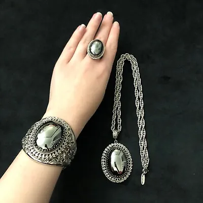 Vintage Whiting & Davis Mirrored Gray Necklace Bracelet & Ring Set - Imperfect • $58