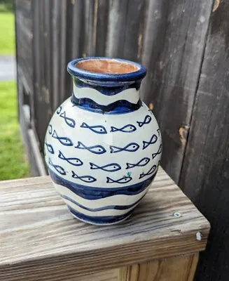 £24.75 • Buy Vintage Hand Painted Blue And White Moroccan Clay Pottery Vase