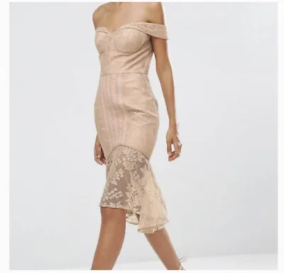 JARLO Dust Pink Off The Shoulder Midi Lace Dress. Size 8P • £40.54