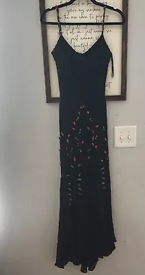 Vintage Cache Maxi Dress Silk Gown Long Black Rosette Flowers Prom 90s Y2K Size6 • $175