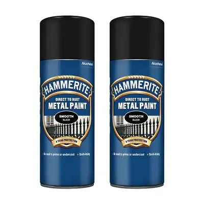 2x Hammerite Direct To Rust Smooth Black Aerosol Quick Drying Spray Paint 400ml • £23.99