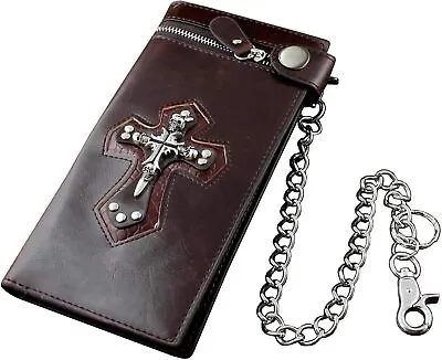 Men Boy Skull Gothic Cross Zipper Checkboot Long Leather Biker Wallet With Chain • $15.98