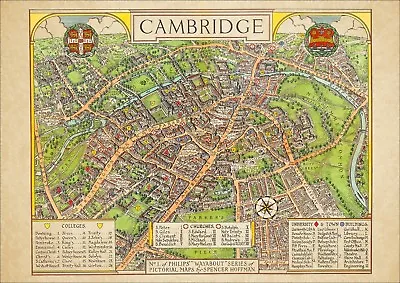 Cambridge In 1936 - Old Pictorial Map - Modern Reproduction - A2 Size • £18.99