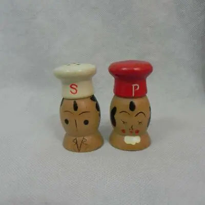 Vtg Wood Man & Woman W CHEF HAT 2.5  Mini SALT & PEPPER SHAKERS Cork Stoppers P4 • $11.81