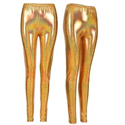 XL Gold HOLOGRAPHIC LEGGINGS Full Length Stretch Dance Wear Disco Footless Pants • £11.59