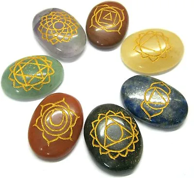 GENUINE 7 Chakra Gemstone Set Engraved Crystal Healing Reiki Charged Stones Uk • £13.03